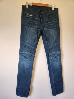 Rockstar Sushi Moto Biker Jeans Skinny Blue Denim Zippers Ribbed Made in USA 28